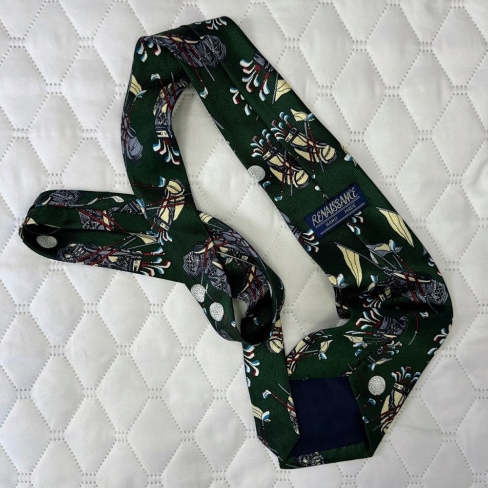 Renaissance Golf Club Bag Tie Mens OS Green Excellent Hand‎ Made Silk Patterned